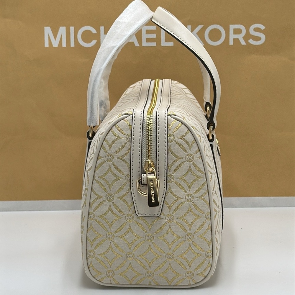 MICHAEL KORS JST TRAVEL MEDIUM DUFFLE SATCHEL CROSSBODY BAG MK Pale Gold Multi - Picture 6 of 16